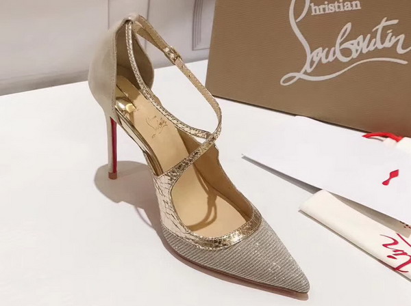 Christian Louboutin Crissos Light Gold Python and Nappa Leather 100mm Heel For Sale