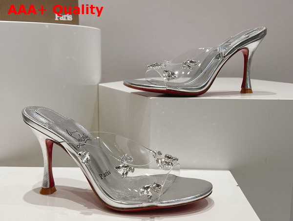 Christian Louboutin Degraqueen 85mm Mules in Silver PVC and Iridescent Nappa Leather Silver Replica