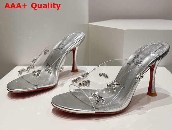 Christian Louboutin Degraqueen 85mm Mules in Silver PVC and Iridescent Nappa Leather Silver Replica