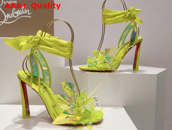 Christian Louboutin Flora Sandal in Iridescent PVC and Satin Lemon Replica