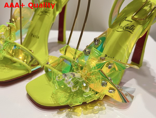 Christian Louboutin Flora Sandal in Iridescent PVC and Satin Lemon Replica