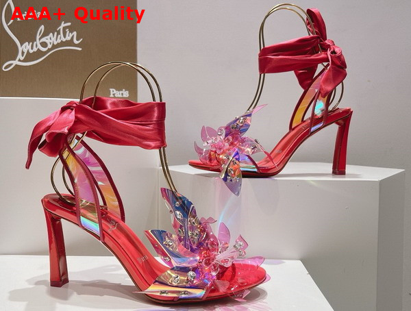 Christian Louboutin Flora Sandal in Iridescent PVC and Satin Red Replica