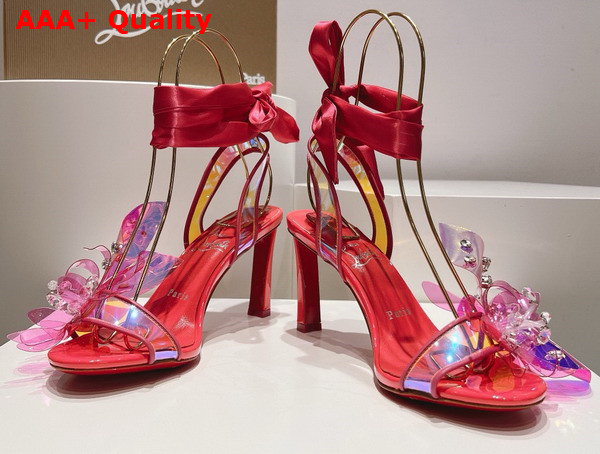 Christian Louboutin Flora Sandal in Iridescent PVC and Satin Red Replica