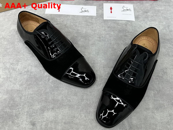 Christian Louboutin Greggo Lace Up Shoes in Black Suede and Patent Calf Leather Replica