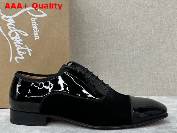 Christian Louboutin Greggo Lace Up Shoes in Black Suede and Patent Calf Leather Replica