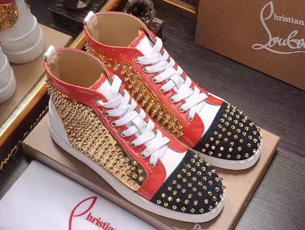 Christian Louboutin Louis Spikes Orlato Mens Flat Red Black and Metallic Gold Calfskin Leather For Sale