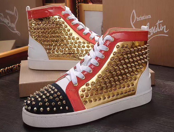 Christian Louboutin Louis Spikes Orlato Mens Flat Red Black and Metallic Gold Calfskin Leather For Sale