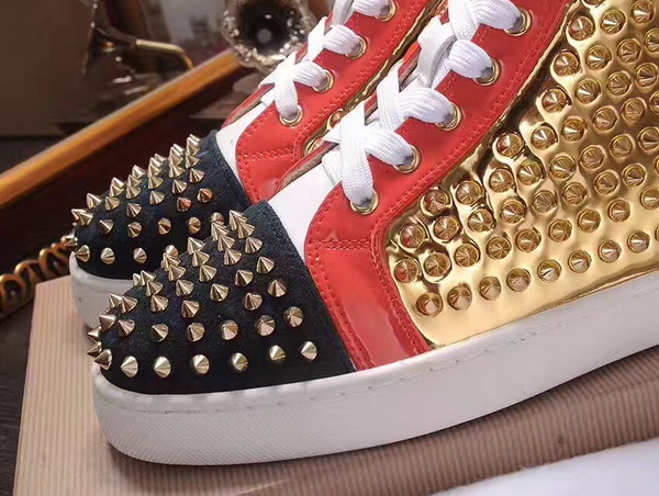 Christian Louboutin Louis Spikes Orlato Mens Flat Red Black and Metallic Gold Calfskin Leather For Sale