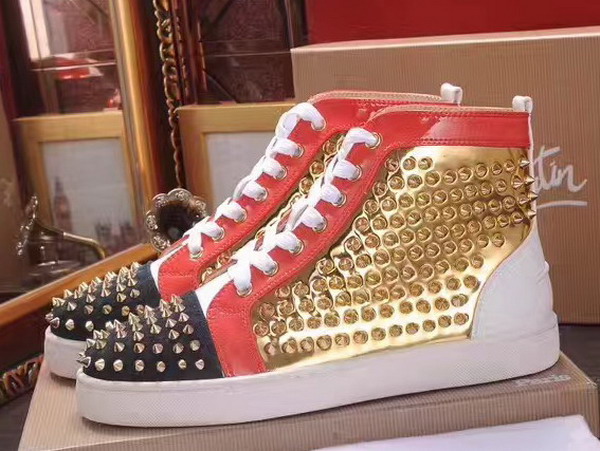 Christian Louboutin Louis Spikes Orlato Mens Flat Red Black and Metallic Gold Calfskin Leather For Sale