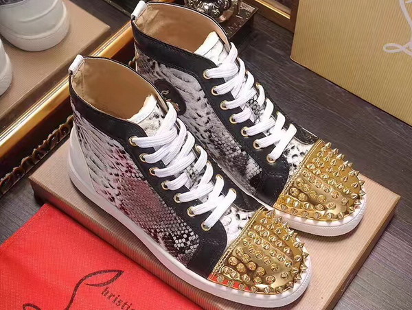 Christian Louboutin Louis Spikes Orlato Mens Flat in Python with Metallic Gold and Black Leather Trim For Sale