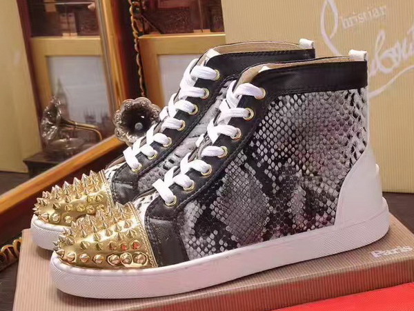 Christian Louboutin Louis Spikes Orlato Mens Flat in Python with Metallic Gold and Black Leather Trim For Sale