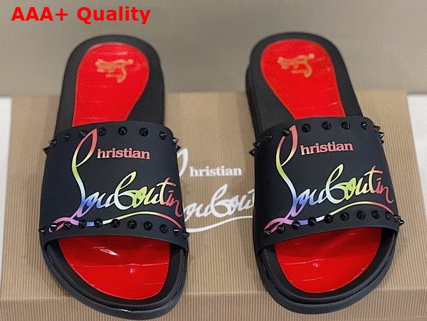 Christian Louboutin Mens Rubber Slide in Black with Multicolor Print Replica