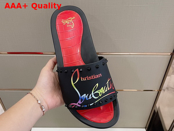 Christian Louboutin Mens Rubber Slide in Black with Multicolor Print Replica