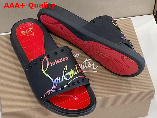 Christian Louboutin Mens Rubber Slide in Black with Multicolor Print Replica