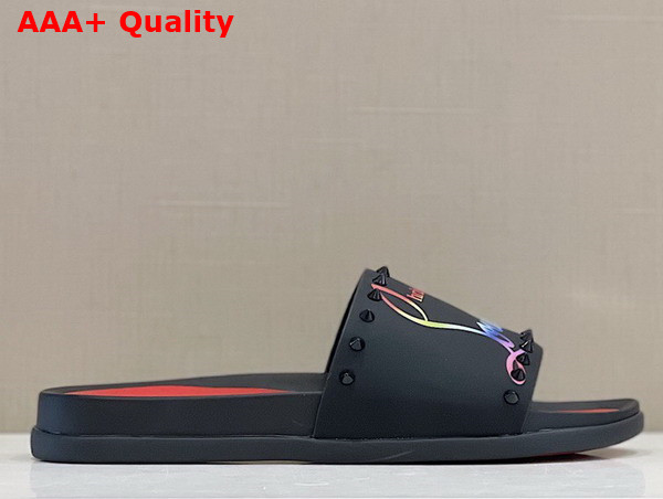 Christian Louboutin Mens Rubber Slide in Black with Multicolor Print Replica