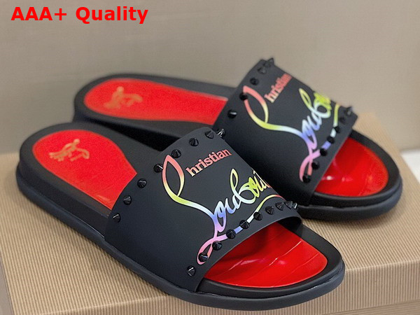 Christian Louboutin Mens Rubber Slide in Black with Multicolor Print Replica