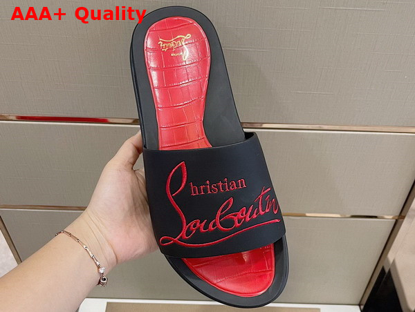 Christian Louboutin Mens Rubber Slide in Black with Red Print Replica