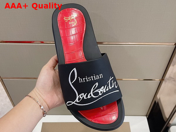 Christian Louboutin Mens Rubber Slide in Black with White Print Replica