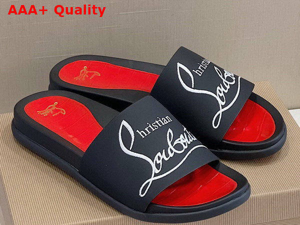 Christian Louboutin Mens Rubber Slide in Black with White Print Replica