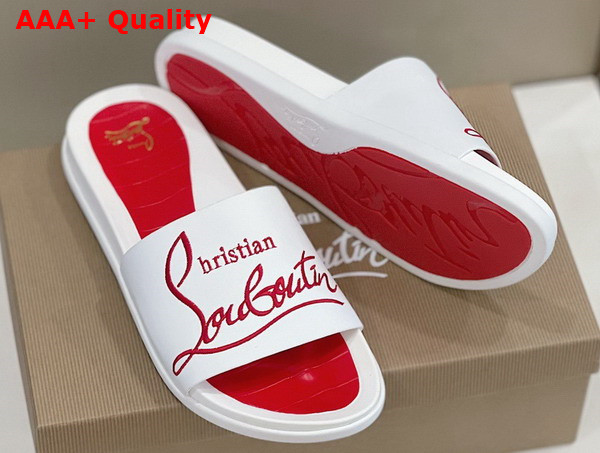 Christian Louboutin Mens Rubber Slide in White with Red Print Replica