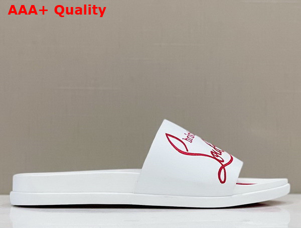 Christian Louboutin Mens Rubber Slide in White with Red Print Replica