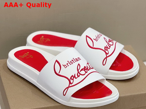 Christian Louboutin Mens Rubber Slide in White with Red Print Replica