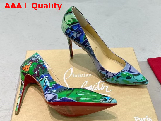 Christian Louboutin Pigalle Follies Pointy Toe Stilettos Green CL Exclusive Multi Colored Printed Patent Leather Replica