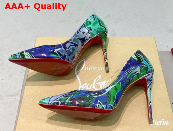 Christian Louboutin Pigalle Follies Pointy Toe Stilettos Green CL Exclusive Multi Colored Printed Patent Leather Replica