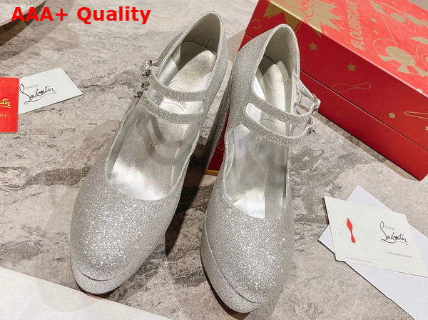 Christian Louboutin Platform Pump in Silver Glittered Calf Leather Replica