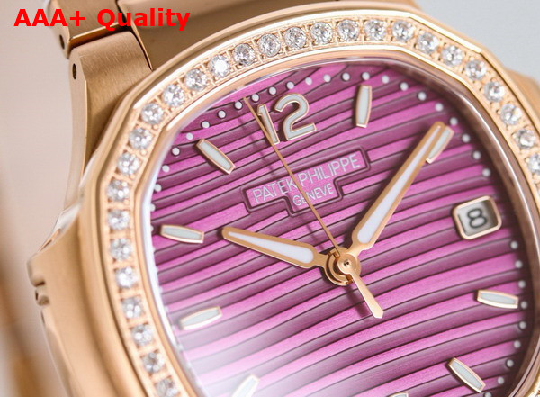 Patek Philippe Nautilus Watch Self Winding Mechanical Movement Lacquered Purple Dial Rose Gold Case with Diamonds 7010 1R 013 Replica