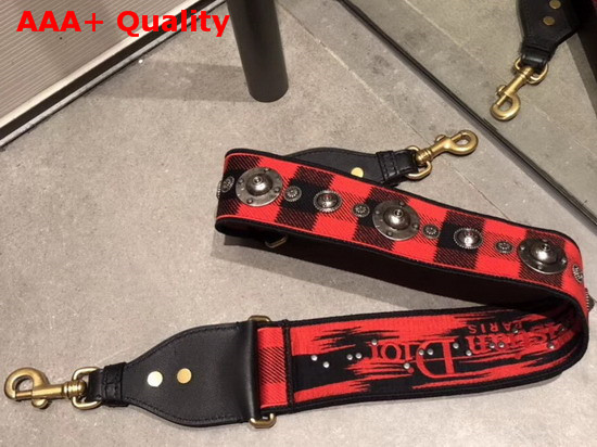 Christian Dior Strap Embroidered with Red and Black Check Motif and Medallions Replica