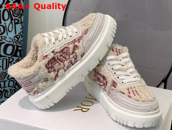 Dior Addict Sneaker Burgundy Toile de Jouy Embroidered Natural Shearling Replica