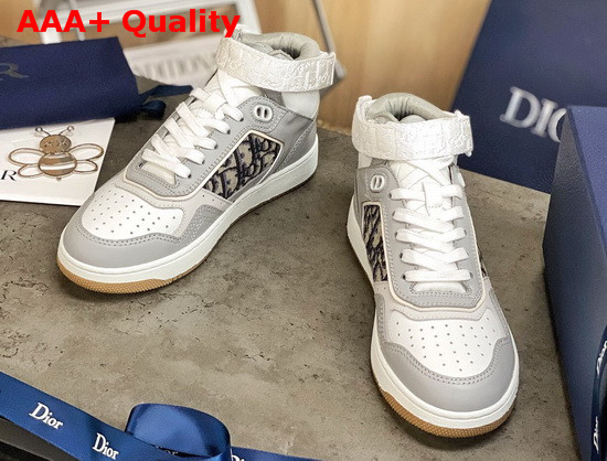 Dior B27 High Top Sneaker Gray and White Smooth Calfskin with Beige and Black Dior Oblique Jacquard Canvas Replica