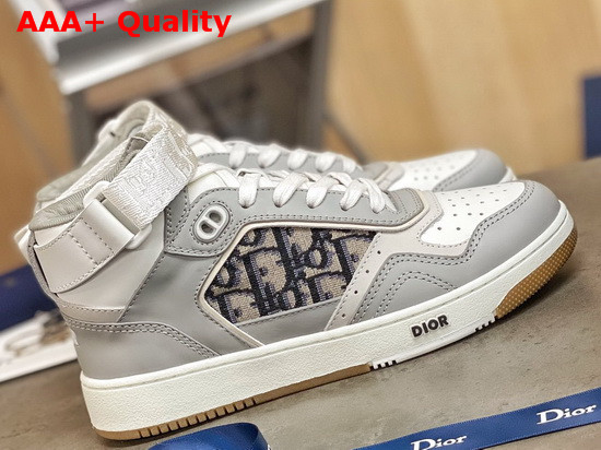 Dior B27 High Top Sneaker Gray and White Smooth Calfskin with Beige and Black Dior Oblique Jacquard Canvas Replica