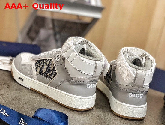 Dior B27 High Top Sneaker Gray and White Smooth Calfskin with Beige and Black Dior Oblique Jacquard Canvas Replica