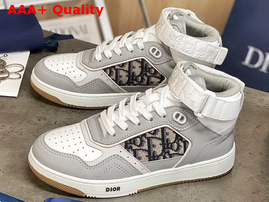 Dior B27 High Top Sneaker Gray and White Smooth Calfskin with Beige and Black Dior Oblique Jacquard Canvas Replica