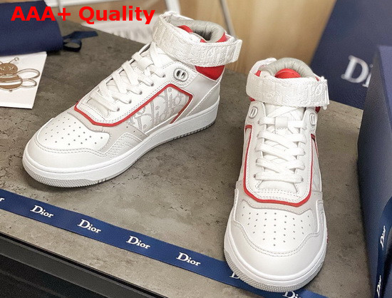 Dior B27 High Top Sneaker White and Red Smooth Calfskin with White Dior Oblique Galaxy Leather Replica