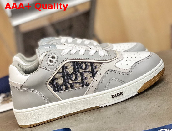 Dior B27 Low Top Sneaker Gray and White Smooth Calfskin with Beige and Black Dior Oblique Jacquard Canvas Replica