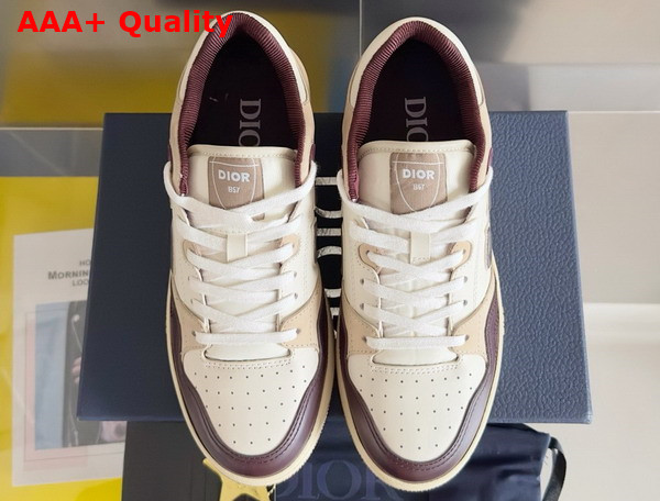 Dior B57 Low Top Sneaker Burgundy and Cream Smooth Calfskin with Beige Suede Replica