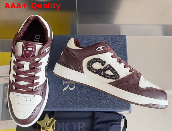 Dior B57 Low Top Sneaker Burgundy and White Smooth Calfskin with Beige and Black Dior Oblique Jacquard Replica