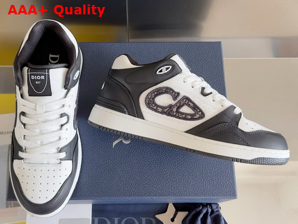 Dior B57 Mid Top Sneaker Black and White Smooth Calfskin with Beige and Black Dior Oblique Jacquard Replica