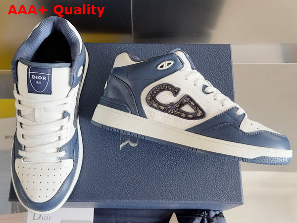 Dior B57 Mid Top Sneaker Navy Blue and White Smooth Calfskin with Beige and Black Dior Oblique Jacquard Replica