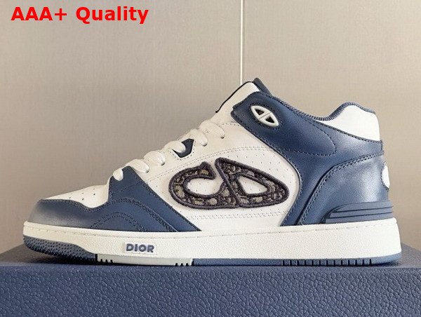 Dior B57 Mid Top Sneaker Navy Blue and White Smooth Calfskin with Beige and Black Dior Oblique Jacquard Replica