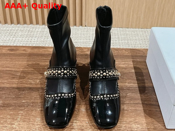 Dior Belle D Heeled Ankle Boot in Black Patent Calfskin and Gold Finish Studs Replica