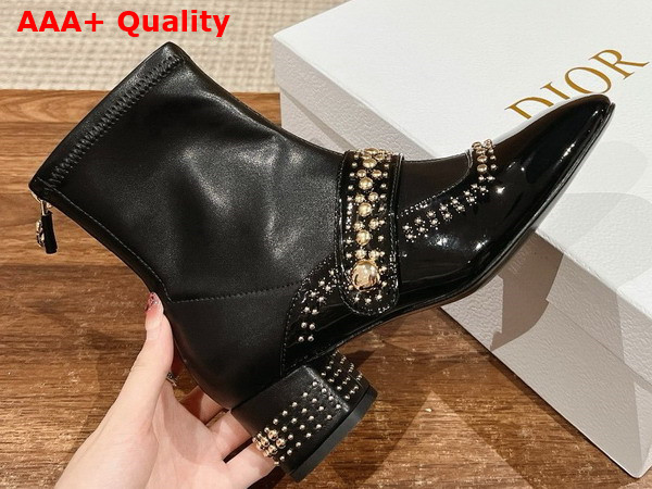 Dior Belle D Heeled Ankle Boot in Black Patent Calfskin and Gold Finish Studs Replica