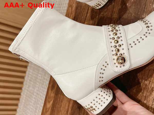 Dior Belle D Heeled Ankle Boot in White Patent Calfskin and Gold Finish Studs Replica