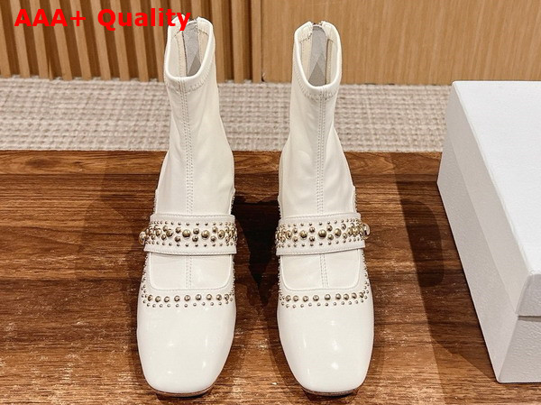 Dior Belle D Heeled Ankle Boot in White Patent Calfskin and Gold Finish Studs Replica