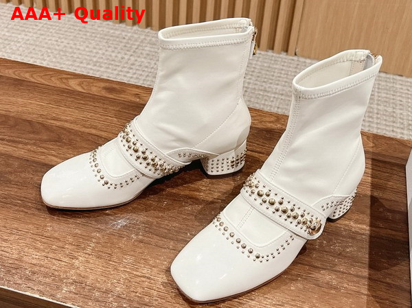 Dior Belle D Heeled Ankle Boot in White Patent Calfskin and Gold Finish Studs Replica