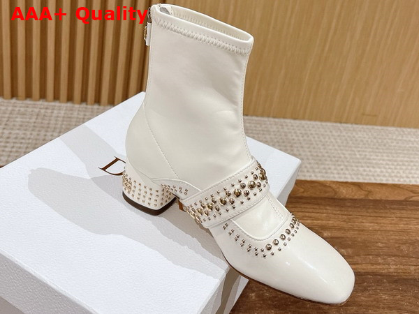 Dior Belle D Heeled Ankle Boot in White Patent Calfskin and Gold Finish Studs Replica