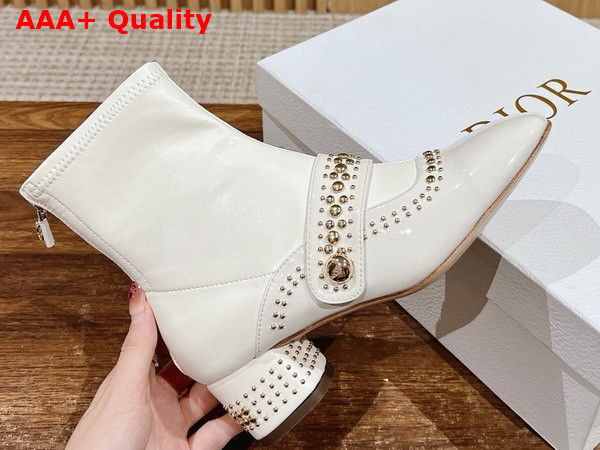 Dior Belle D Heeled Ankle Boot in White Patent Calfskin and Gold Finish Studs Replica